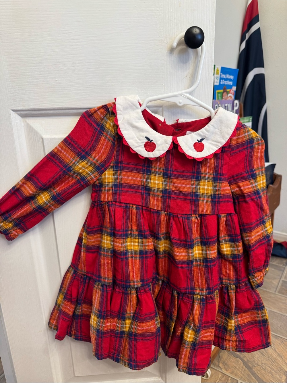 TAHARI Red Plaid Tiered Dress with Apple Smocked Peter Pan Collar - 6-9m